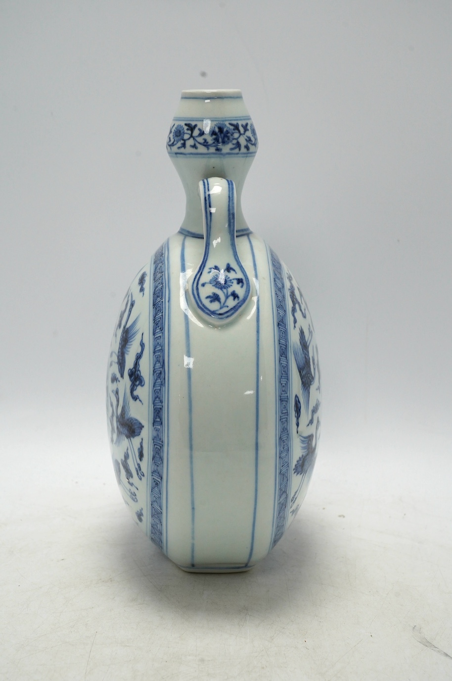A Chinese blue and white two-handled moonflask, 30cm high. Condition - good